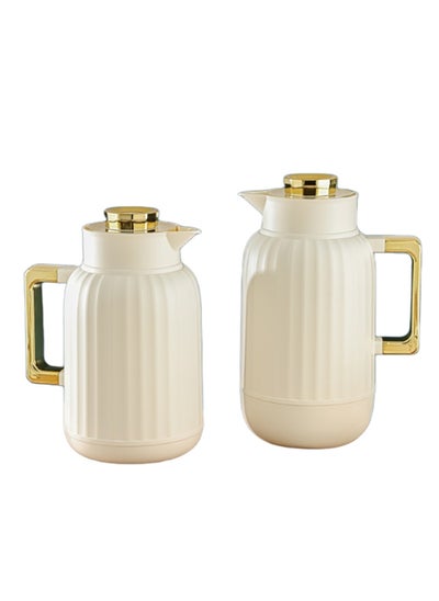 Buy Petros  Vacuum Flask Set Tea And Coffee 2 pieces 1Liter and 0.7Liter Beige/Golden in Saudi Arabia