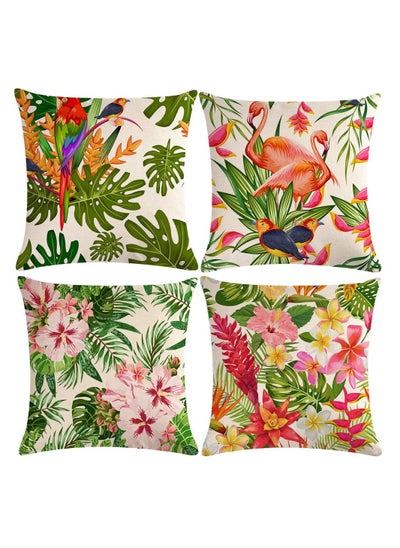 اشتري Throw Pillow Covers Tropical Cushion Leaves & Flowers with Parrot Flamingo Bird Pattern Home Decorative for Outdoor Patio Garden Living Room Sofa 18”×18” Pillowcase 4 Pcs في الامارات