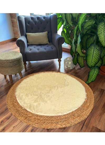 Buy Handmade Natural Jute Rug with Fluffy Wool Surface | Soft Round Area Rug for Living Room & Bedroom | 100 cm Beige in UAE