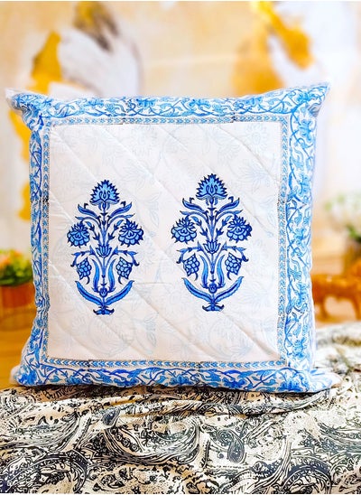 Buy Blue Salvia Hand Block Printed Non Allergenic Organic Cotton Quilted Cushion Cover 65 Cm X 65 Cm in UAE