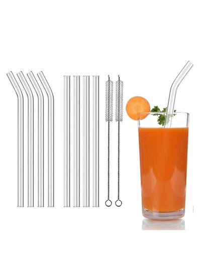 Buy Pack of 8pcs reusable glass straws for milkshakes, frozen drinks, smoothies, bubble tea, juice, coffee, 10 mm diameter, 2 cleaning brushes in UAE