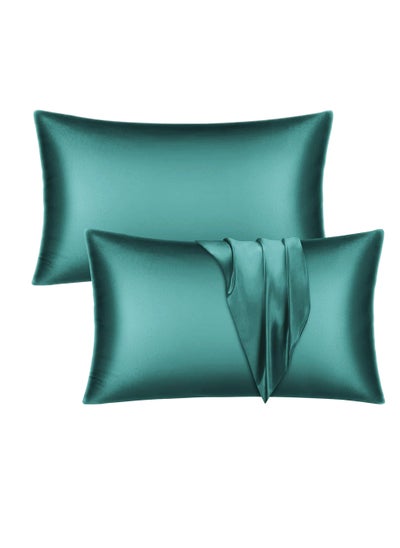 اشتري Satin Silk Pillow Case Cover for Hair and Skin, Soft Breathable Smooth Both Sided Silk Pillow Cover Pair (Standard - 50 x 65cm - 2pcs - Teal) في الامارات