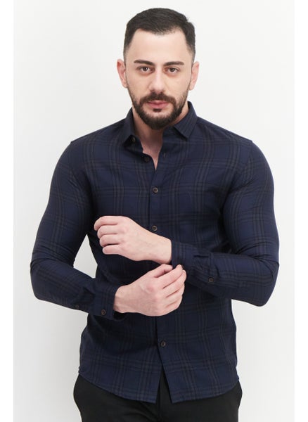 Buy Men Regular Fit Plaid Long Sleeves Casual Shirt, Navy Bue in UAE