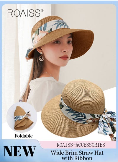 Buy Women's Wide Brim Straw Hat with Ribbon, Summer Beach Adjustable Lightweight Foldable Straw Sun Hat with Bow Decor, Anti-UV for Outdoor Vacation Party in Saudi Arabia