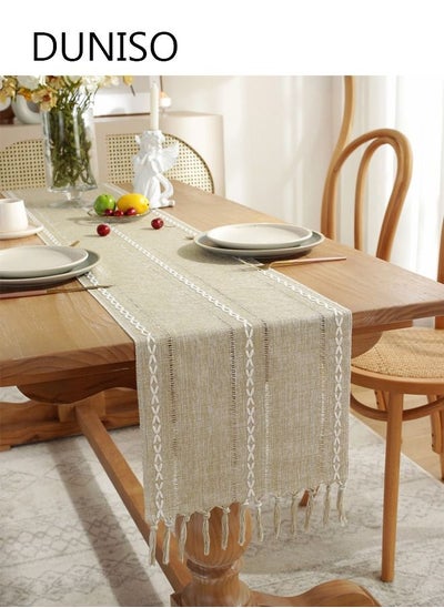 Buy Farmhouse White Table Runner Linen Handmade Rustic Table Runner With Tassels For Holiday Party Dining Room Kitchen in Saudi Arabia