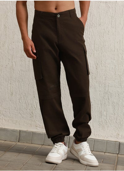 Buy Men Relaxed Straight Leg Loose Fit Cotton Cargo Joggers Trousers in UAE