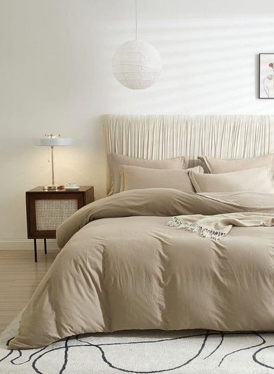 Buy Queen Size 6 Pieces Bedding Set, Washable Cotton, Plain Beige Color in UAE