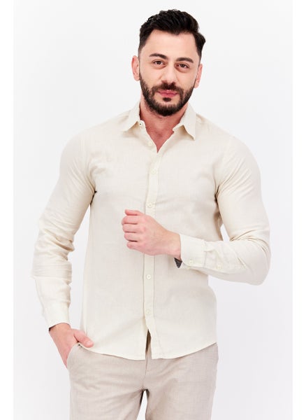 اشتري Men Spread Collar Long Sleeves  Plain Casual Shirts, Beige في الامارات