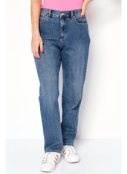 Buy Women Regular Fit Washed Denim Jean, Blue in Saudi Arabia