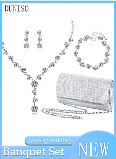 Buy 4 Pcs Silver Rhinestone Jewelry Set for Women Glitter Evening Clutch Envelope Purse Wavy Design Necklace Earrings Bracelet Set for Ladies Dinner Party Date Wedding in UAE