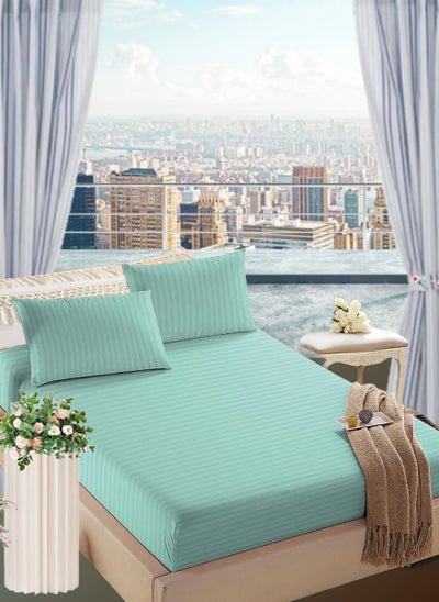 اشتري Sky Blue Striped King Bed Sheet Sets Cotton 3 Piece Set Deep Pocket 200x200+35cm في الامارات