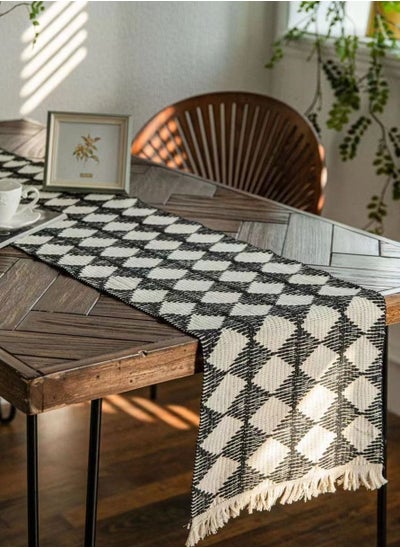 Buy Black and White Check Stitching Tablecloth with Tassel Dining Tablecloth Cotton and Linen Material 35 x 180 Centimeter in UAE