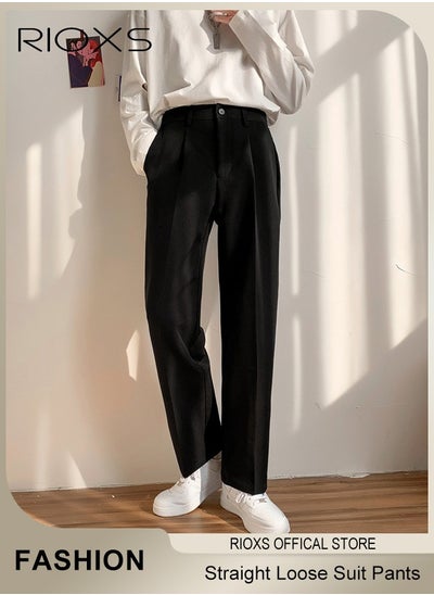 Buy Men's Straight Loose Suit Pants,Casual High Waisted Button Pants,Regular Fit Pants,Work Uniform Trousers,Youth Style Pants For Men With Pockets,For Office/Daily Casual/Gathering/Meeting/Business in Saudi Arabia