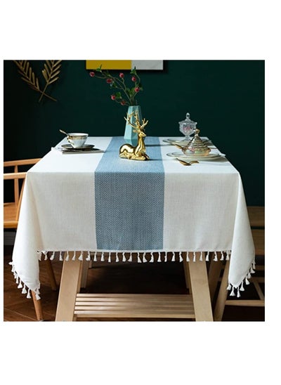 Buy Table Cloth Wrinkle Free Tablecloth Cotton Linen Tablecloths Rectangle Table Cloths Tassle Tablecloth Table Cloth For Kitchen Dining Outdoor Table (Beige Blue Stripe 55X70 Inch) in UAE