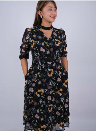 Buy Women's Neck Belt Floral Design Dress in Little Fox AOP in UAE