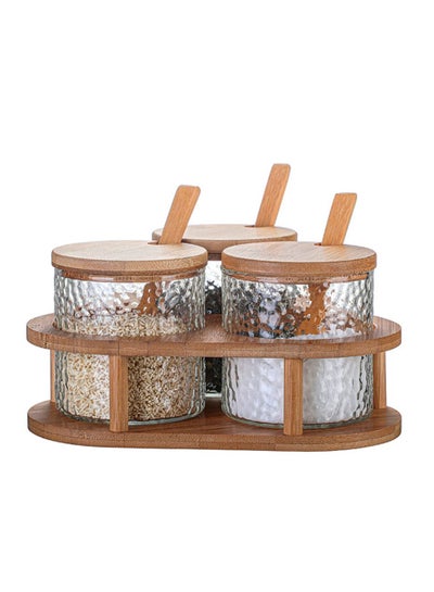 Buy Seasoning Box Set, with Wooden Spoon Lid and Base, Salt Sugar Spice Pepper Condiment Container Jar Set of 3 in UAE