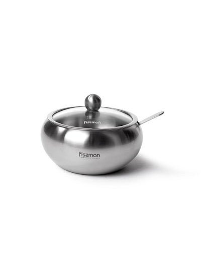 Buy Fissman Stainless Steel Sugar Bowl With Glass Lid And Spoon in UAE