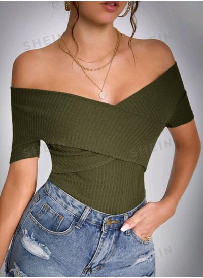 اشتري SHEIN Tall Solid Off The Shoulder Ribbed Knit Tee في مصر