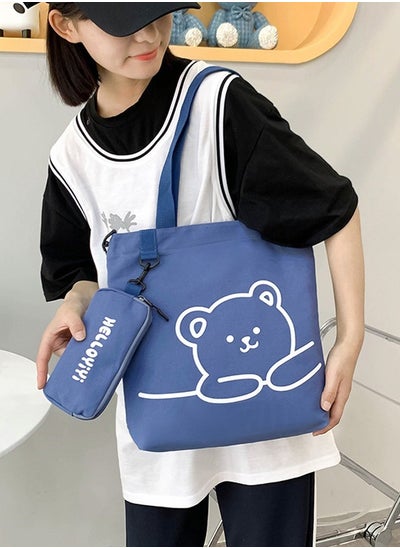 اشتري Lovely Bear Printed Student Shoulder Bag Portable Large Capacity Bookbag Foldable Tote Canvas Bag with Pencil Pouch Blue في الامارات