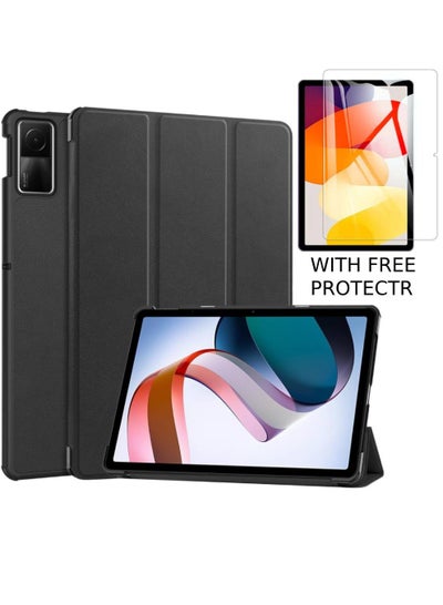 Buy Case For Xiaomi Redmi Pad SE 11 inch Released 2023, Tri fold Slim Lightweight Hard Shell Smart Protective Cover With Tempered Glass Screen Protector For Redmi Pad SE Black in UAE