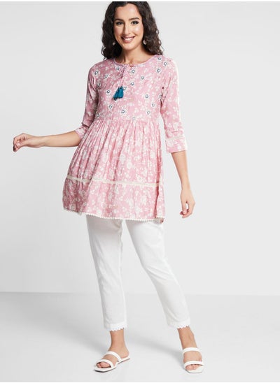 Buy Tie Detail Tiered Floral Print Kurti & Pants Set in UAE