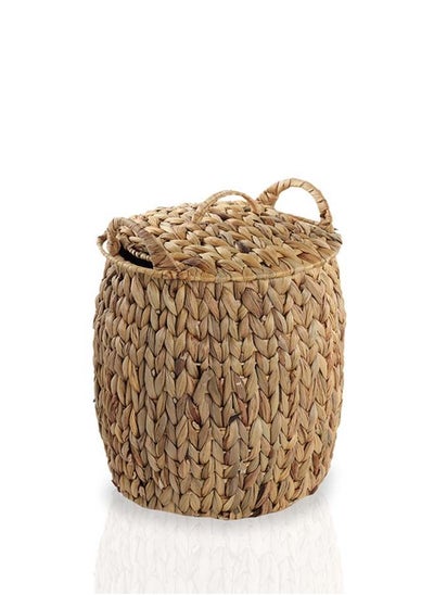 Buy Water Hyacinth Drum Small Basket With Lid Natural 26x26x25cm in UAE