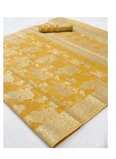 اشتري Yellow Silk Saree with Zari And Lakhnavi Work Plus Unstitched Blouse في الامارات