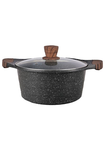 اشتري Die Cast Aluminium Marble Coated Casserole with Glass Lid and Wooden Knob | 5 Layer Non-stick Coating | Wooden Handle | Granite Black في الامارات