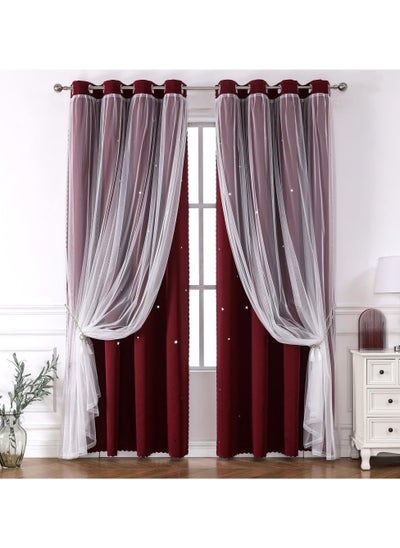 Buy Blackout with White Lace Sheer Elegant Layered Curtains,Curtain Panels Mix and Match Thermal Insulated Curtain for Bedroom and Living Room 2 Panels(270cm L*150CM W) red in Saudi Arabia