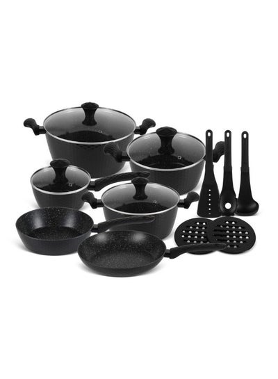 Buy EDENBERG 15-piece Black Hexagon Design Forged Cookware Set| Stove Top Cooking Pot| Cast Iron Deep Pot| Butter Pot| Chamber Pot with Lid| Deep Frypan in UAE