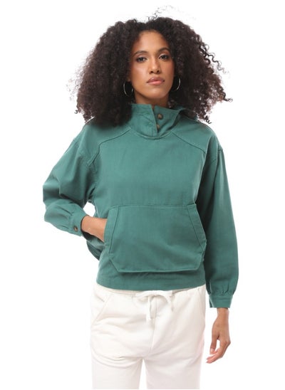 اشتري Buttoned Hooded Neck Dark Jade Green Hoodie في مصر