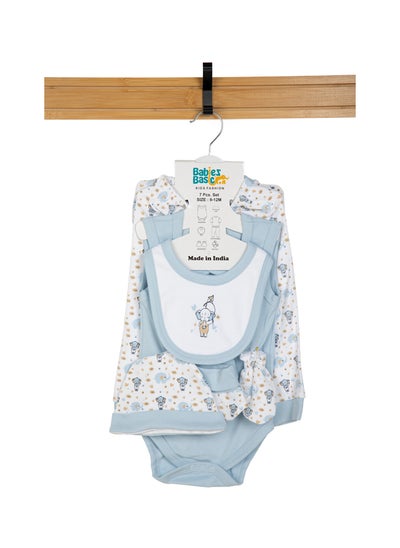 Buy 7 Piece Unisex 100% Cotton Set Include Bib, Socks, Mitten, Cap, Romper, Top And Bottom Set, Blue in UAE