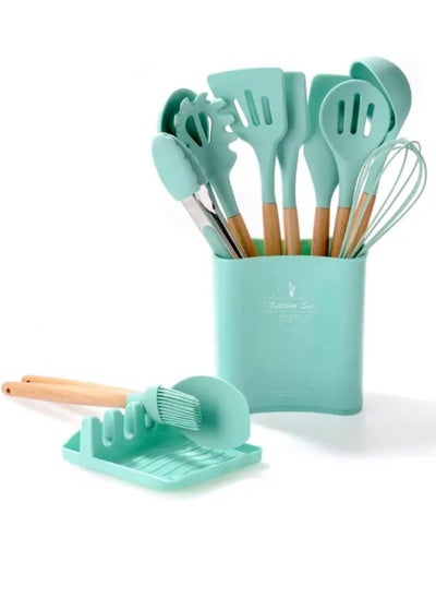 Buy Silicone Distribution Set, Silicone Spatula with Wooden Handle for Non-Stick Cookware with Kitchen Accessory Storage Box and Spoon Rack, 13 Pieces in Egypt