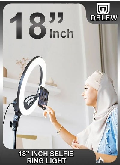 اشتري 18 inch Dimmable Circle LED Studio Selfie Ring Light With 2.1 Meter Tripod Stand Remote And 3 Mobile Phone Holders For Makeup Camera Photography YouTube Video Shoot TikTok Vlog Live Stream Compatible في الامارات