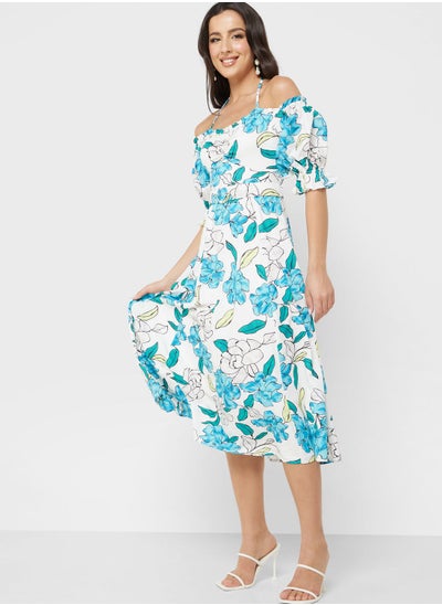 Buy Cold Shoulder Neck Printed Dress in Saudi Arabia