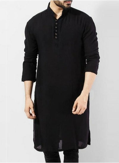 Buy Men's Muslim Robe Thobe Solid Color Stand Collar Long Sleeve Kaftan Black in UAE