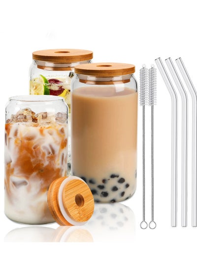 Buy 3 Pcs Drinking Glasses with Bamboo Lids and Glass Straw Set in UAE