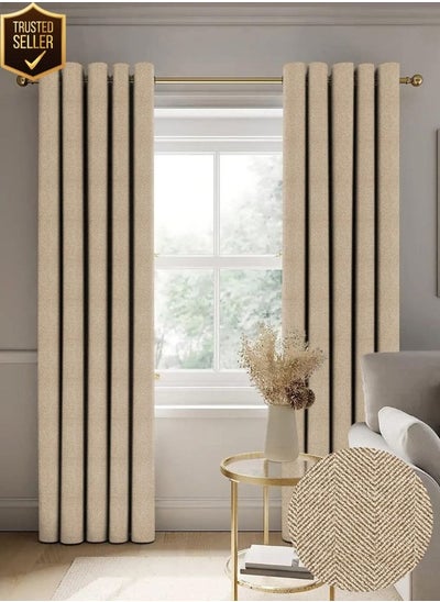 Buy Herringbone Texture Curtains 2 Piece Polyester Eyelets (Steel) Blackout Curtains with Tie Back, Bedroom Living Room (Chiku, 7 Ft x 4.2 Ft) in UAE