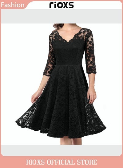 Buy Women's Elegant V Neck Lace Dress Three Quarter Sleeves Floral High Waist Cocktail Dress For Wedding Party And Special Occasions in Saudi Arabia