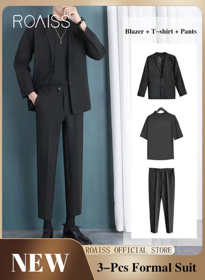 Buy 3 Pieces Leisure Suits for Men Notch Lapels Relaxed Fit Blazer T shirt and Pants Suit Light Mature Style Long Sleeve Business Casual Formal Clothes in Saudi Arabia