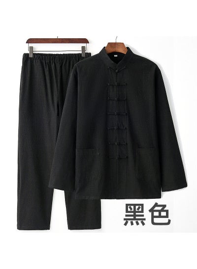 اشتري Mens Cotton-Linen Tang Suit Set Autumn Black في السعودية