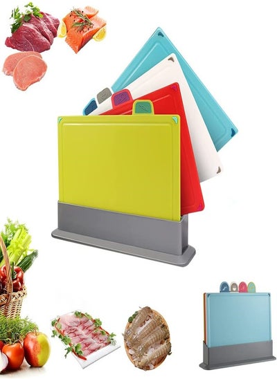 Buy Cutting Boards 4pcs Chopping Board Kit with Drainage Holder Stand & Easy Gripped Handle, Thick Color Marked Cutting Boards Non-slip Durable Kitchen Food Cutting Mats Set for Meat Fruit Vegetable Fish in UAE