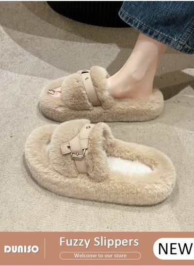 Buy Women's Fluffy Slippers, Fashion Warm Shoes Woman Slippers with Faux Fur, Comfortable Home Furry Slippers, Lightweight Non Slip House Slippers For Cozy Indoor Outdoor in UAE