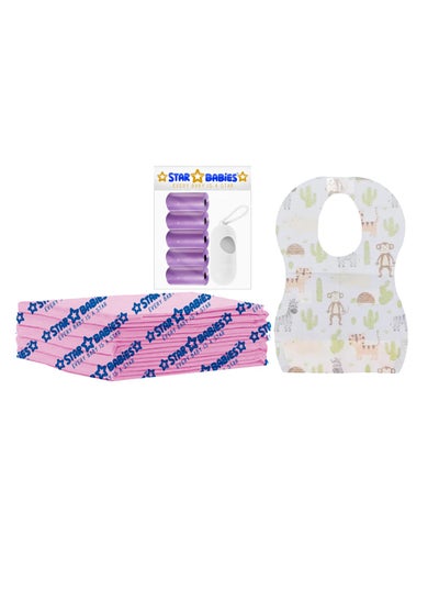 اشتري Star Babies Disposable Combo pack (Changing Mat 5pcs, Bibs 5pcs, Scented Bag w/dispenser)-White/Lavender في الامارات