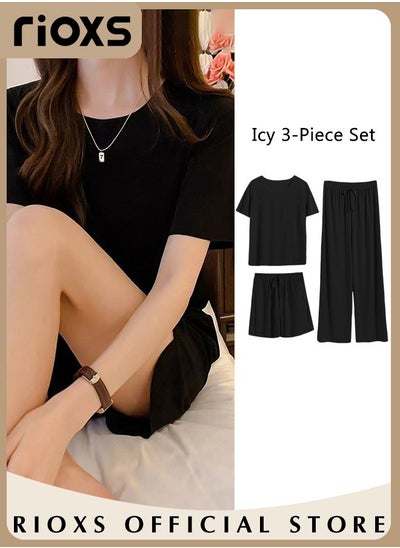 Buy Women's 3pcs Ice Silk Pajamas Set Solid Color Short Sleeve Shirt with Shorts and Loose Pants for Sleepwear in UAE