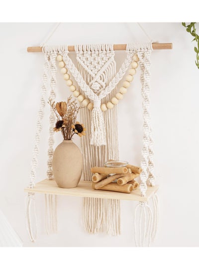 اشتري رف معلق على الحائط من Macrame، رف عائم مصنوع يدويًا من الخشب ديكور بوهو لغرفة النوم وغرفة المعيشة وحمام الحضانة، رف منظم للتخزين مصنوع يدويًا من الحبال المنسوجة لعرض إطارات الصور والنباتات في السعودية