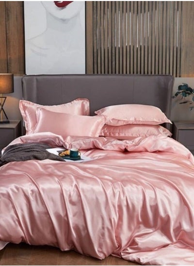 اشتري Silky Satin, King Size 6 Piece Duvet Cover Set Plain Pink Color في الامارات