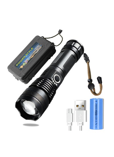 Buy Portable Rechargeable Handheld Flashlight with Box Thermostat Super Bright LED Flashlight Waterproof Zoomable 1500 Lumens Flashlight Battery Included in UAE