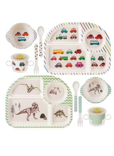 Buy Bamboo Fiber Baby Dinnerware Set, Food Plate Bowl Cup Spoon Fork Set Dishware, BPA Free Dishwasher Safe Cartoon Tableware for Kids, Set of 5 Pcs, Car Pattern in UAE