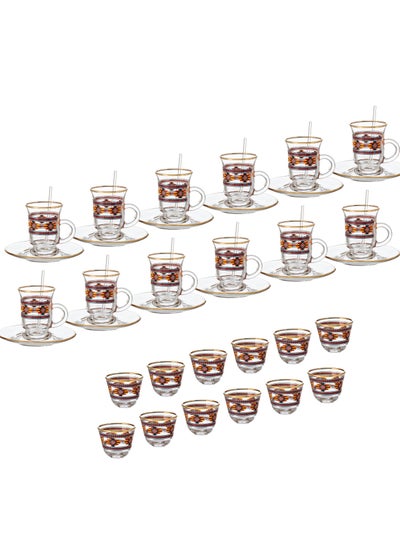 Buy 48-piece glass tea and coffee set with color and gold decor in Saudi Arabia